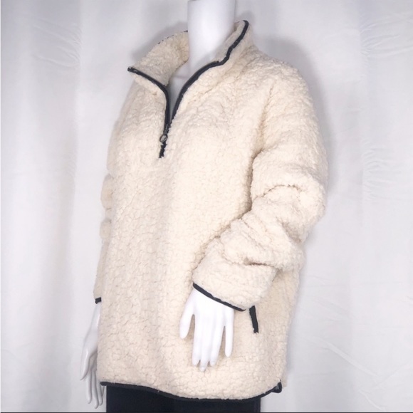 Thread & Supply Milk Cream Soft Shearling Qtr Zip Jacket SzL Pockets Black Trims - Picture 2 of 10